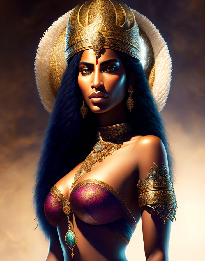 Illustrated female figure in gold Egyptian-style attire on warm backdrop