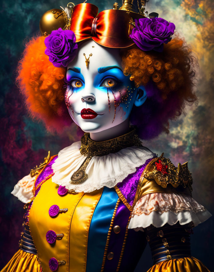 Colorful clown makeup with vibrant hair and ornate costume on moody backdrop