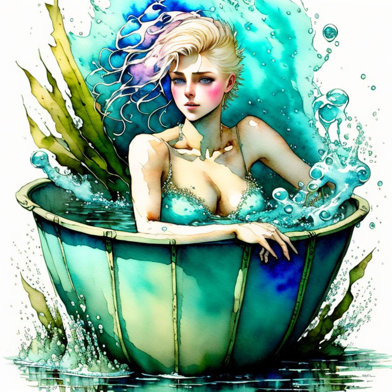 Blonde figure in green bathtub with water splashes