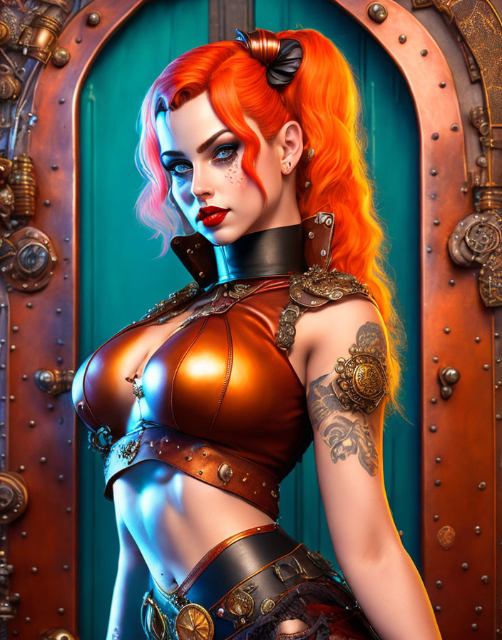 Digital artwork: Woman with red and orange hair, blue eyes, tattoos, futuristic outfit, metallic and