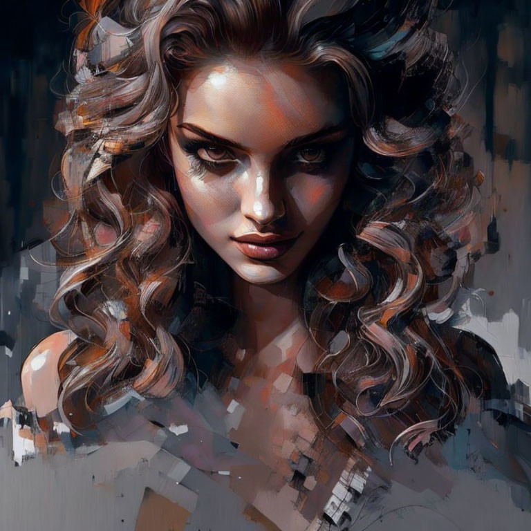 Portrait of a woman with voluminous curly hair and intense gaze in painterly style