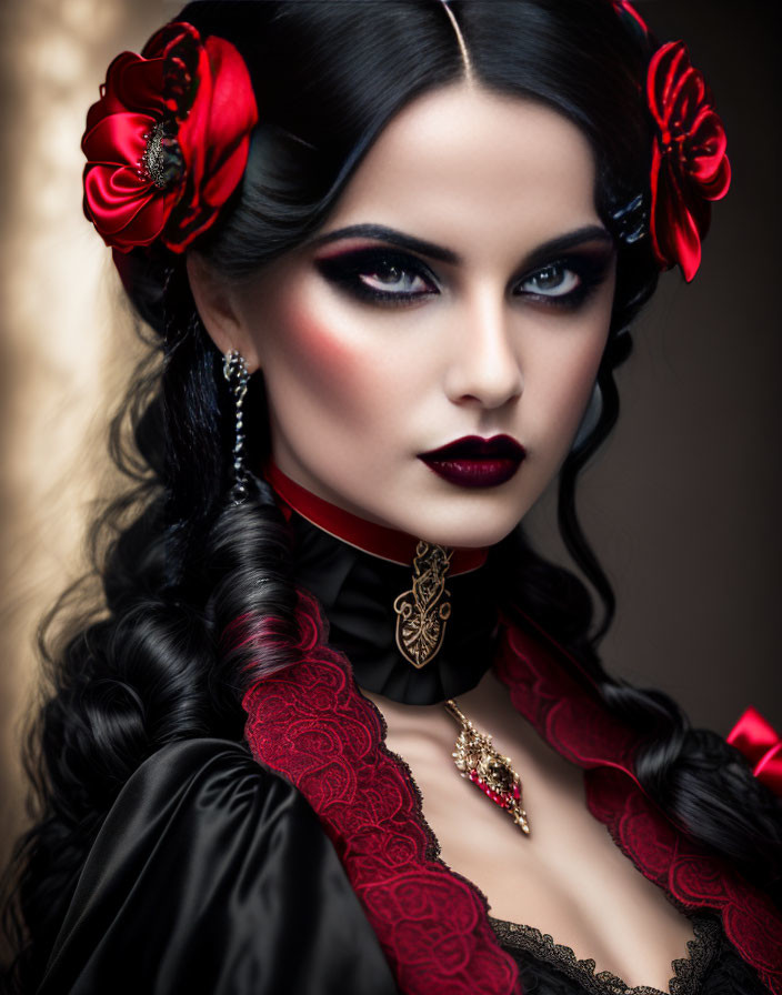 Dark-haired woman with gothic makeup, pale skin, red flowers, and vintage jewelry.