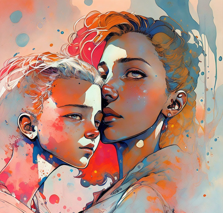 Vibrant watercolor portraits with red, blue, and yellow splashes capturing an affectionate scene