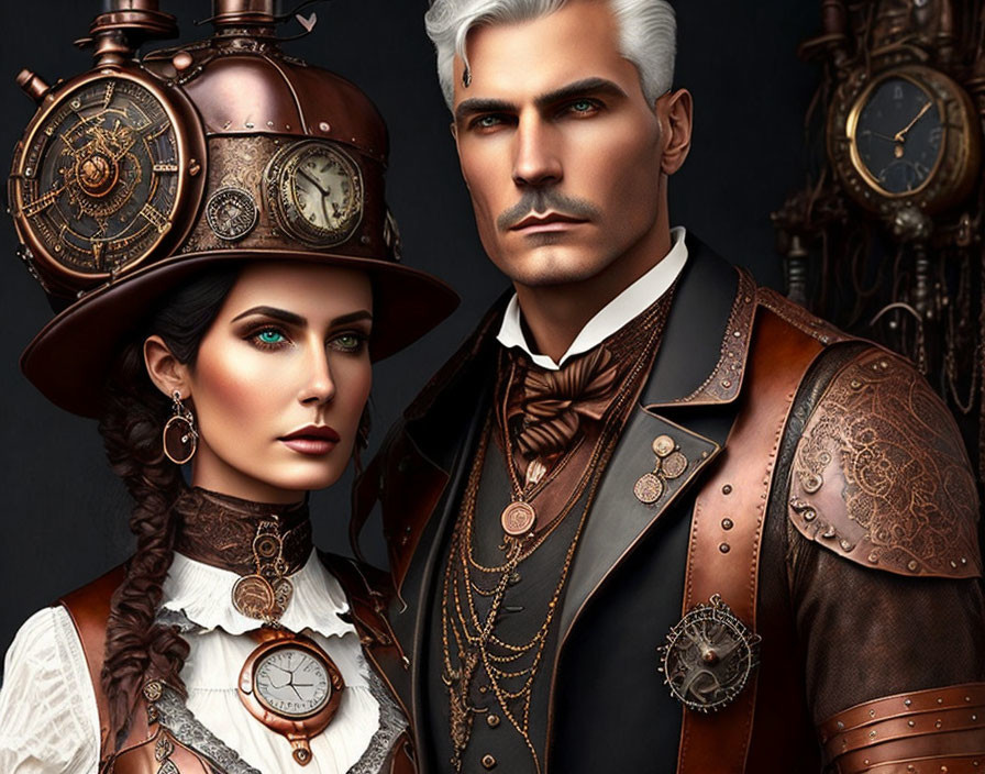 Steampunk-themed digital art with man and woman in Victorian attire.