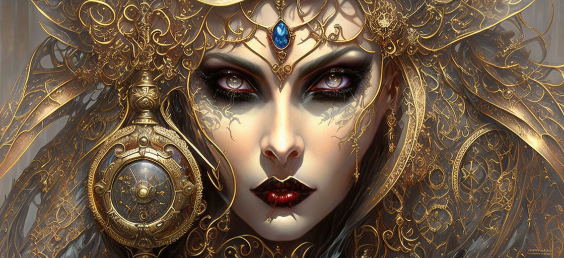 Intricate golden headdress on mystical female figure with piercing gaze and ornate facial markings.