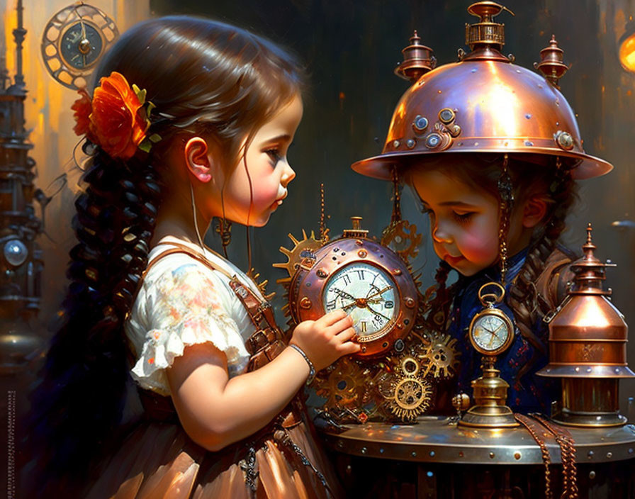 Girl exploring intricate steampunk gears and clocks in warm light