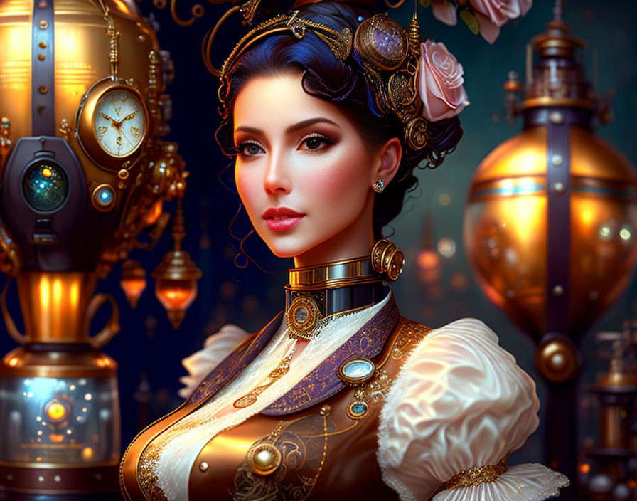 Steampunk-themed digital artwork of woman in Victorian-era dress with mechanical accessories.