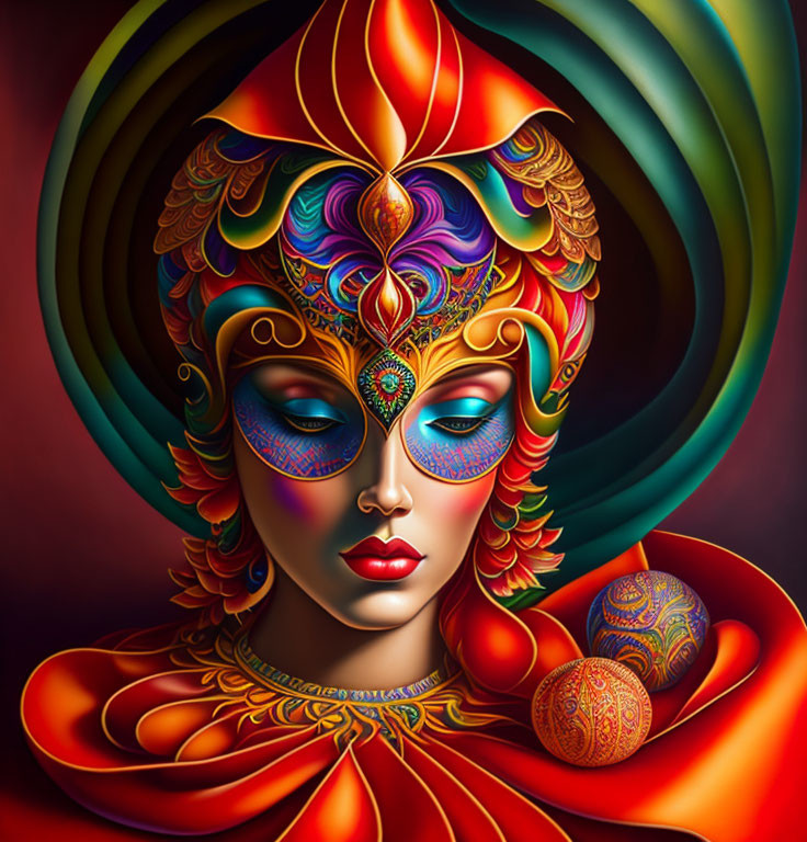 Colorful Digital Art Portrait of Woman with Elaborate Headgear and Mesmerizing Patterns