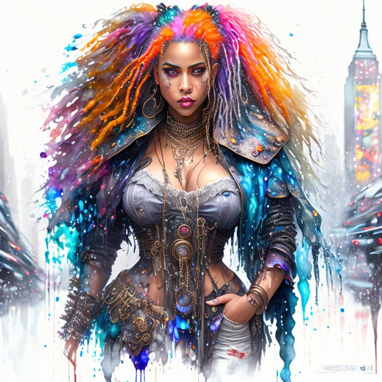 Colorful digital artwork: Woman with vibrant hair and futuristic outfit