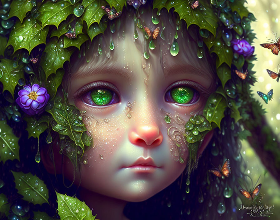 Child with Large Green Eyes Surrounded by Leaves, Butterflies, Water Droplets, and Flowers