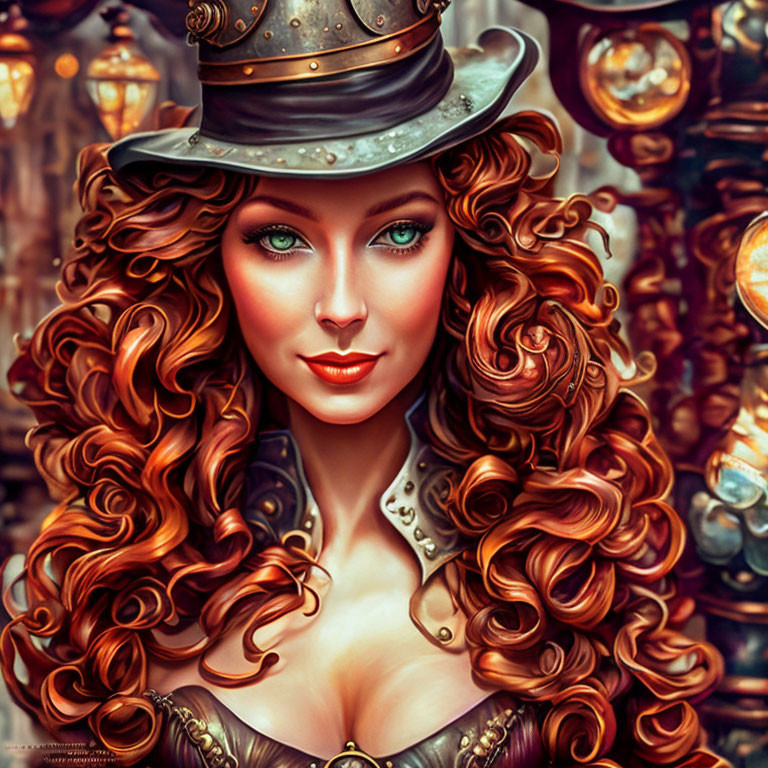 Digital art portrait of a woman with red curls, green eyes, and steampunk hat in mechanical