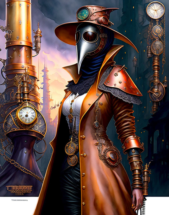 Steampunk-themed character with plague doctor mask, top hat, clocks, gears, and industrial backdrop