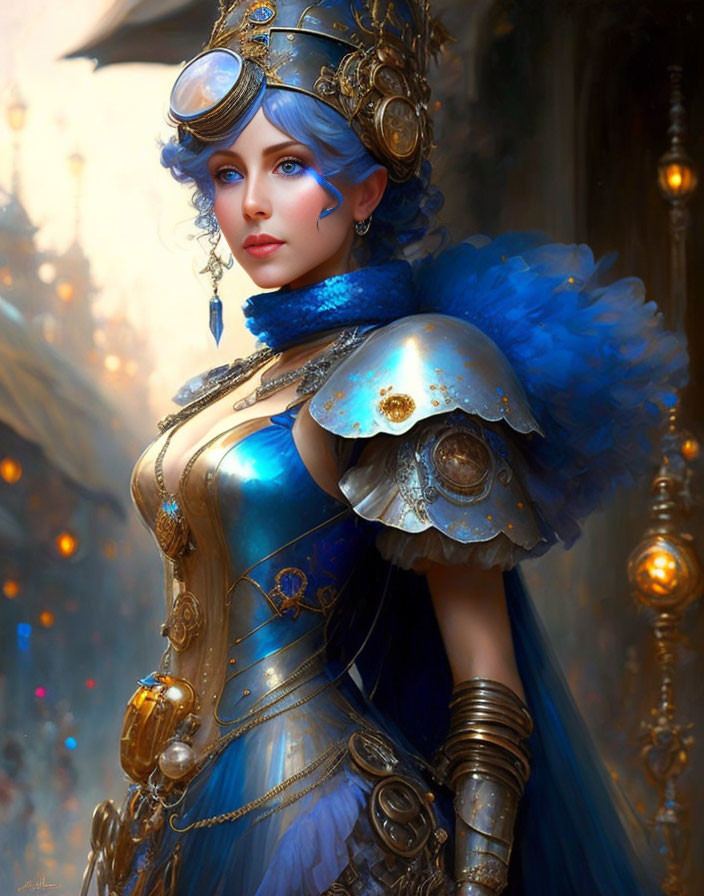 Steampunk-themed woman in blue and gold attire with goggles and mechanical elements