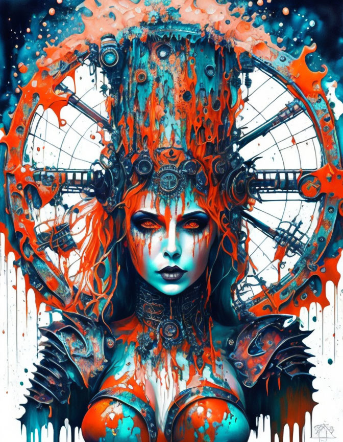 Colorful artwork of female figure with mechanical features and headgear in orange and blue hues