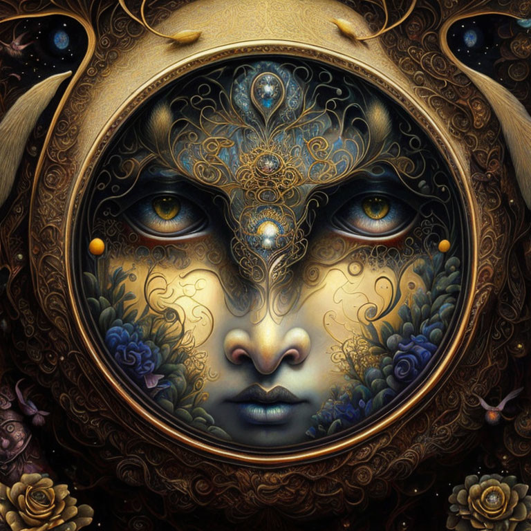 Surreal portrait of a woman's face in circular frame with golden floral motifs