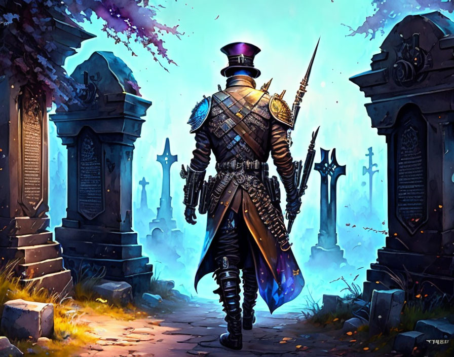 Ornate armored knight in mystical cemetery with violet flowers