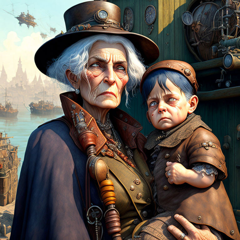 Elderly woman and child in steampunk attire with airships and gears background