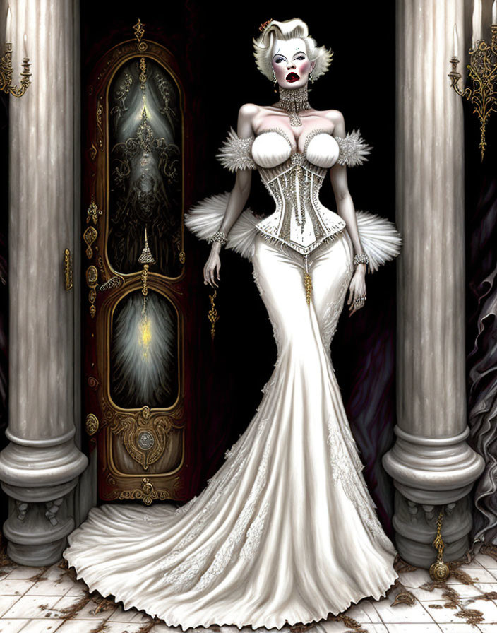 Exaggerated character in white & gold corset gown among columns & mirror