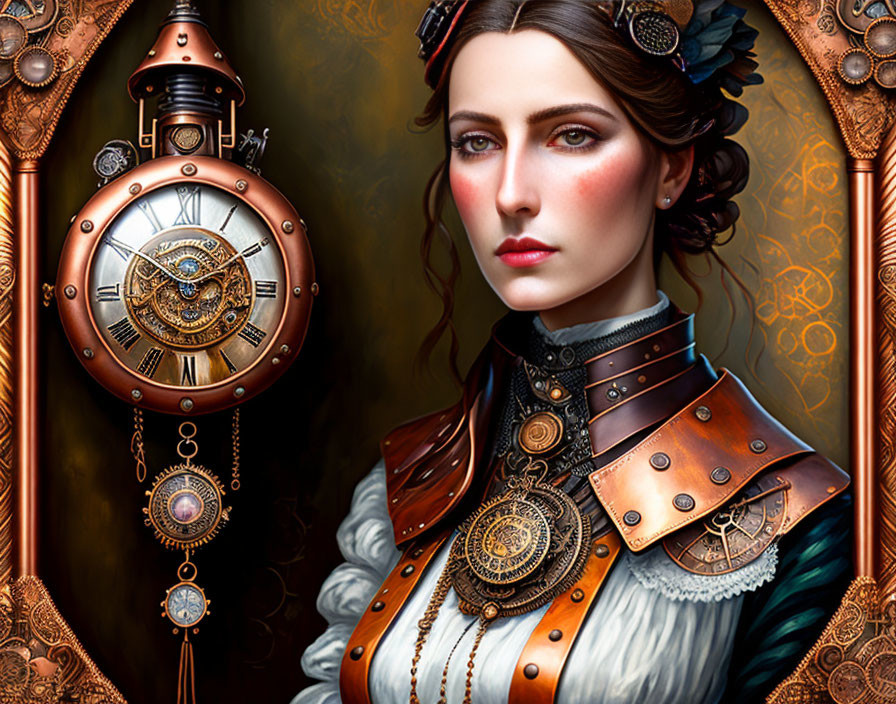 Steampunk-themed portrait of a woman with mechanical accessories and clockwork elements