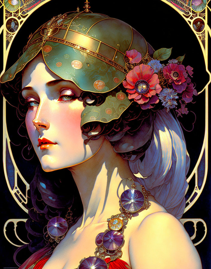 Illustrated portrait of woman with decorative helmet, flowers, intricate jewelry on dark background.