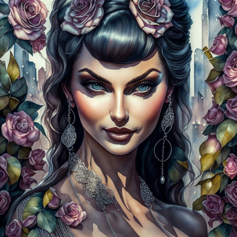 Stylized illustration of a woman with dark hair, roses, green eyes, ornate earrings,