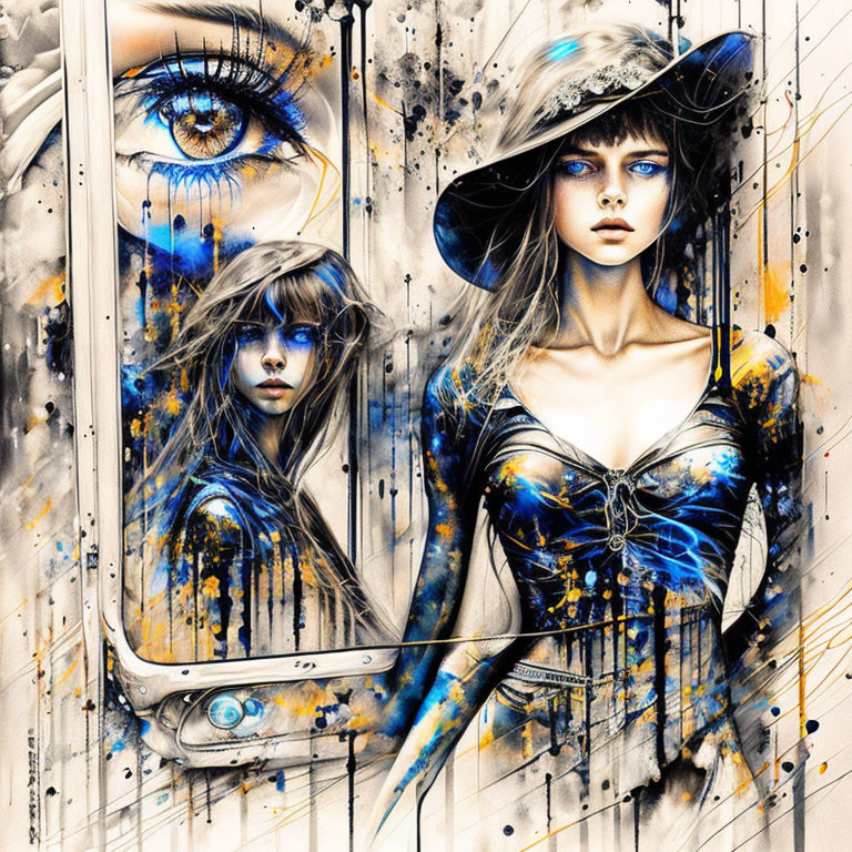 Vibrant artwork featuring woman in wide-brimmed hat with blue eyes.