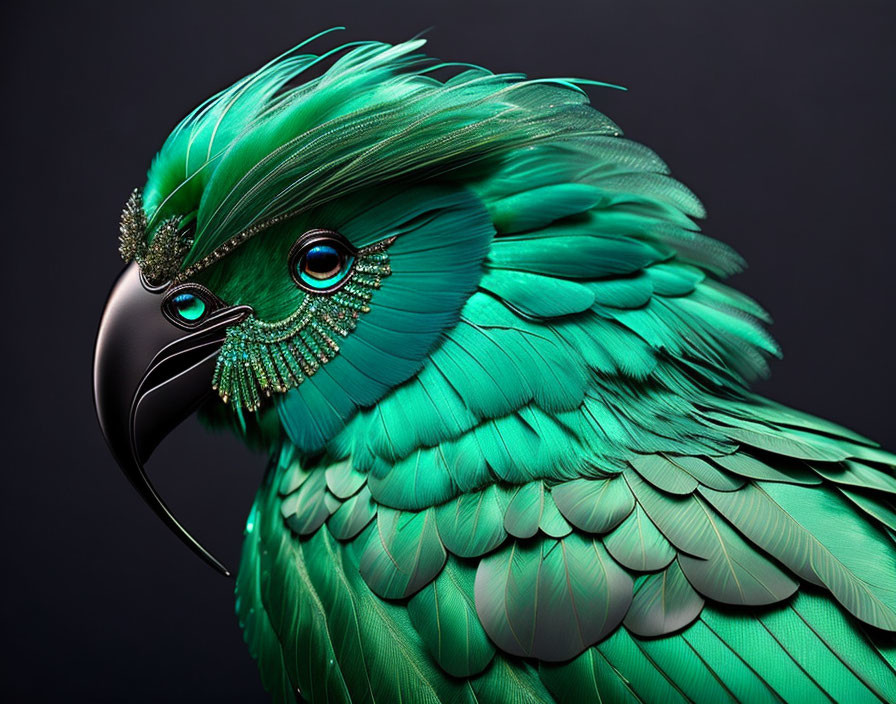 Mythical Green Bird Digital Artwork with Intricate Feathers & Bejeweled Mask