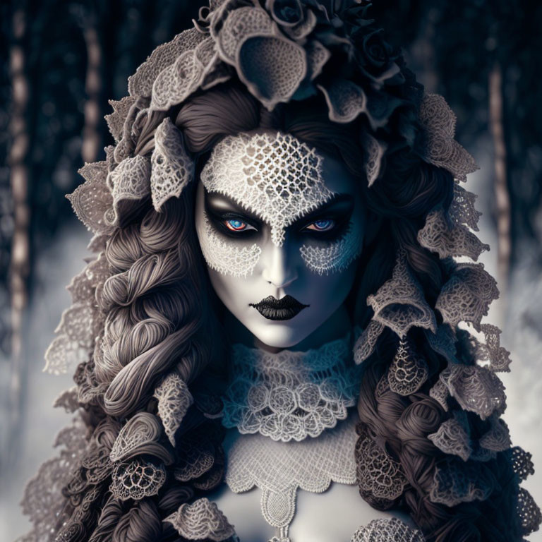 Woman with lace headdress and gothic makeup in monochromatic setting.