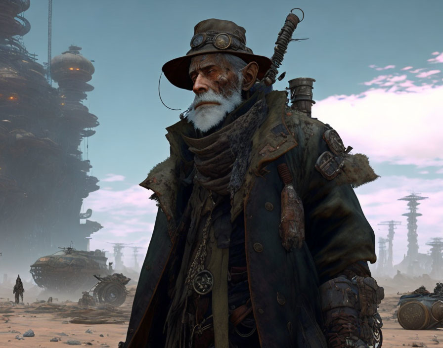 White-bearded man in hat and goggles in futuristic dystopian landscape