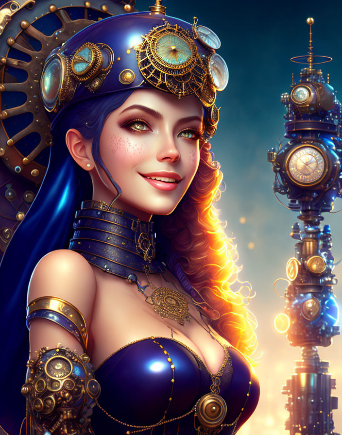 Steampunk-inspired illustration of smiling woman with brass goggles in fantastical setting