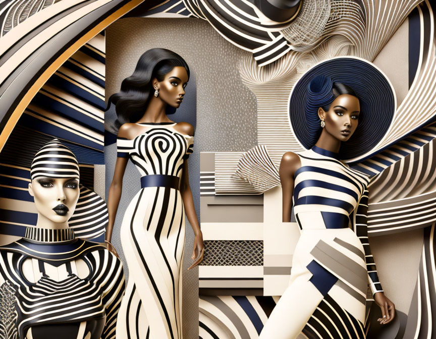 Stylized female figures in black and white outfits with abstract patterns.