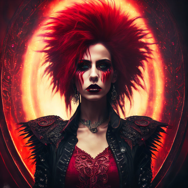 Gothic woman with red spiky hair in front of glowing circular backdrop