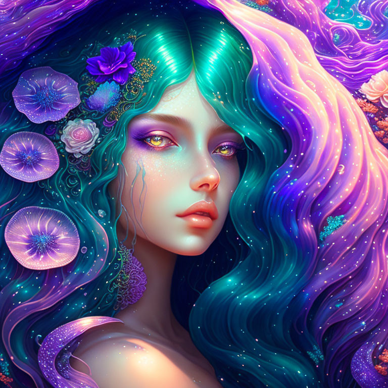 Colorful digital art portrait of a woman with flowing hair and flowers