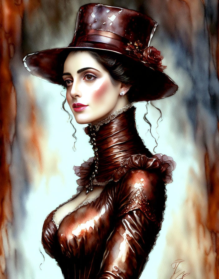 Victorian-style woman illustration in brown dress and hat