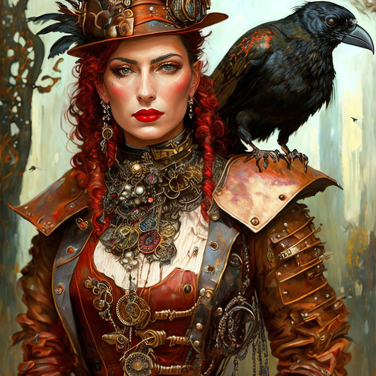 Steampunk-themed woman with top hat and raven.