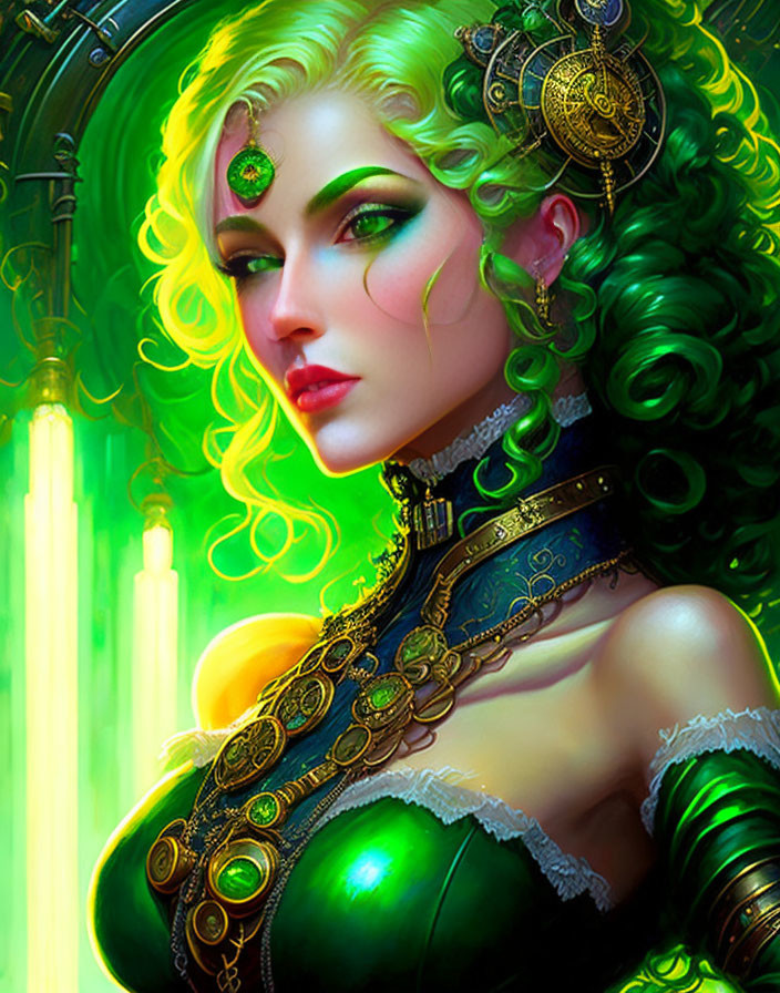 Colorful portrait of ethereal woman with emerald green hair and golden jewelry on luminescent green