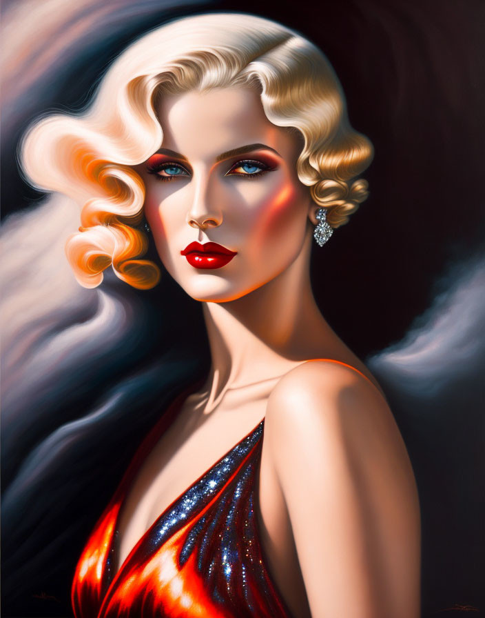 Illustrated portrait of woman: wavy blonde hair, red lips, blue eyes, red sparkling dress