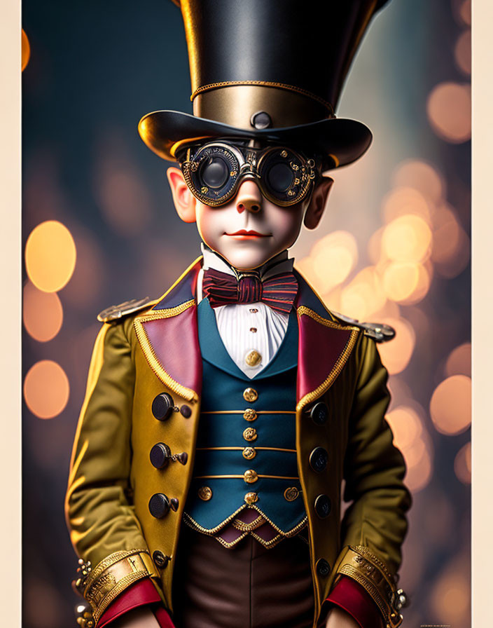 Victorian-themed character in top hat and goggles against bokeh lights