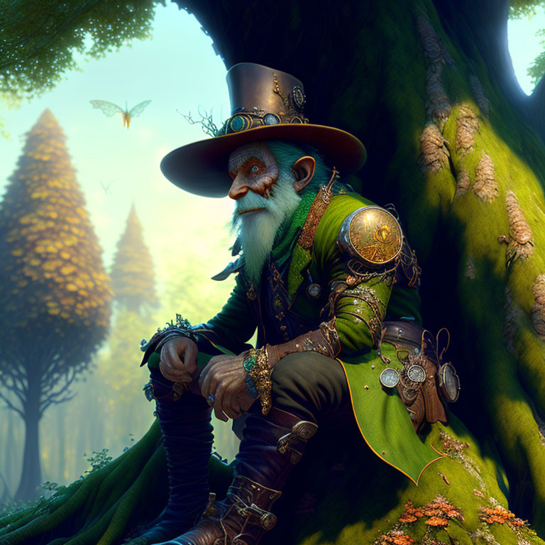 Bearded fantasy character in top hat and goggles in enchanted forest