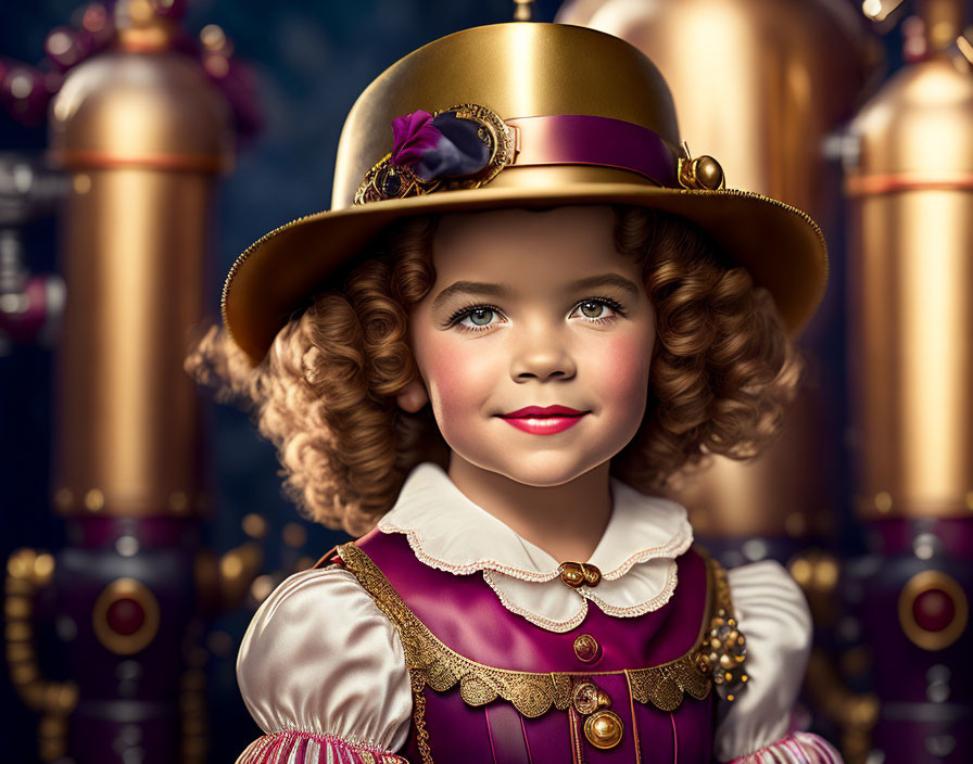 Young girl in Victorian purple outfit with curly hair by brass machinery