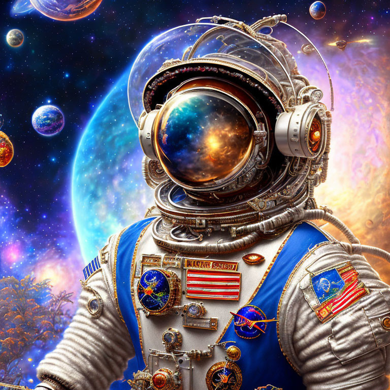 Detailed Astronaut Spacesuit with Badges Against Cosmic Background