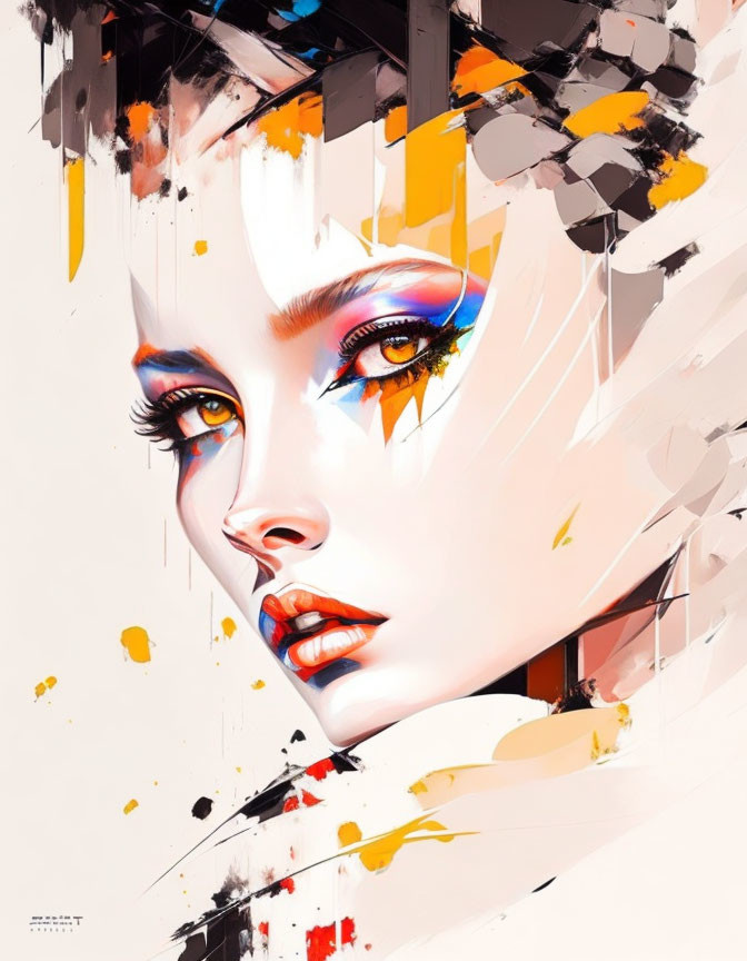 Colorful Abstract Portrait Featuring Striking Makeup and Geometric Shapes