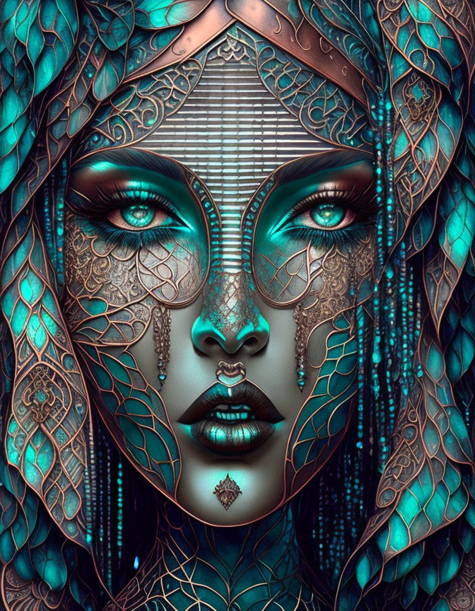 Woman with metallic-blue filigree mask in digital art