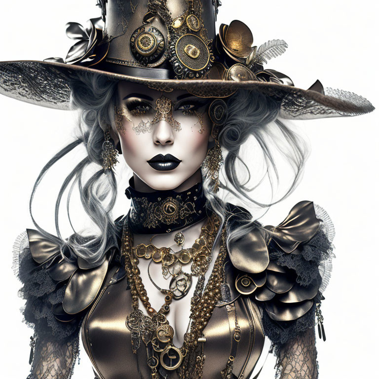 Woman in Steampunk Outfit with Gear-Adorned Top Hat