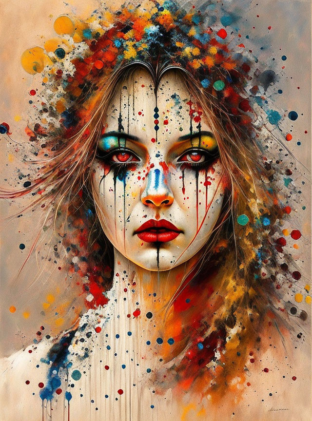 Colorful Abstract Portrait of Woman with Splattered Paint Accents