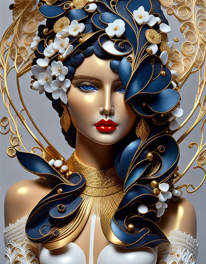 Woman with Blue Hair, Gold Details, White Flowers, Red Lips, and Gold Choker