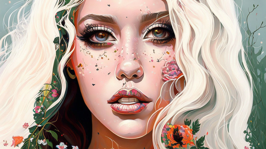 Woman with White Curly Hair and Freckles Adorned with Flowers