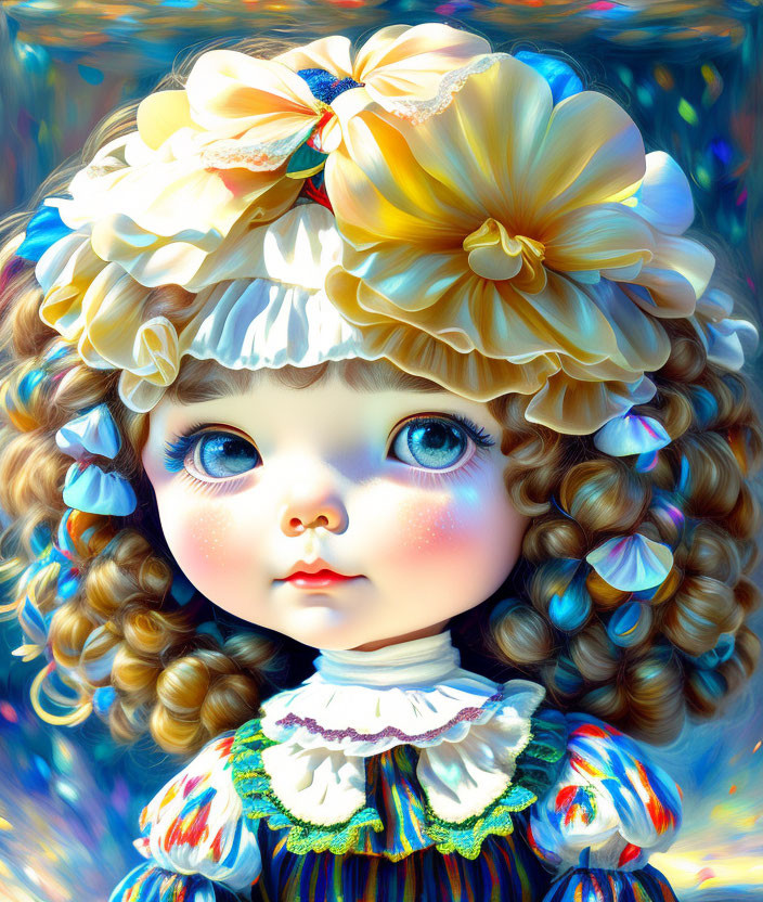 Colorful Doll Illustration with Big Blue Eyes and Curly Hair