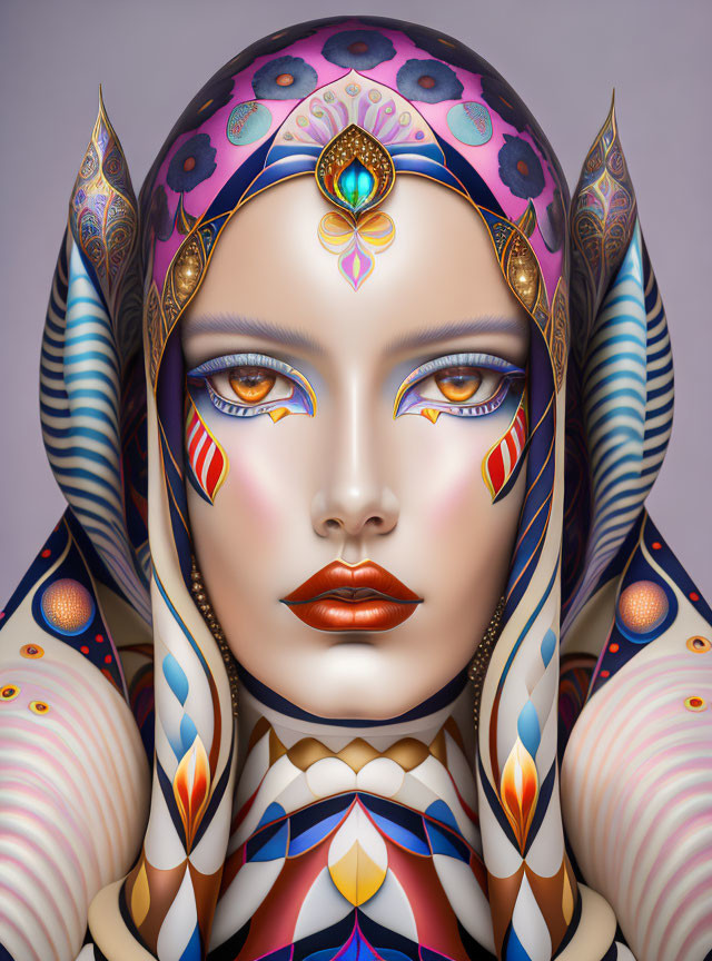 Colorful surreal portrait of person with intricate skin decorations and regal headpiece