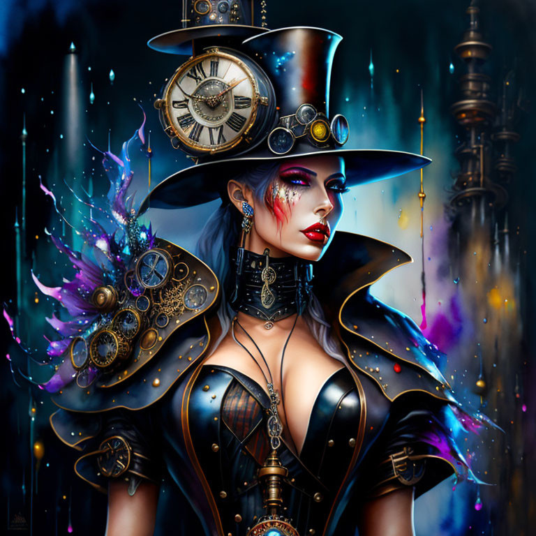 Steampunk-themed woman with clock top hat and mechanical outfit